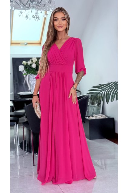 Dlhé cyklaménové spoločenské šaty s 3/4 rukávmi Iza/2