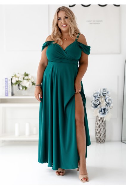Spoločenské tmavozelené šaty so spadnutými ramienkami 746/2