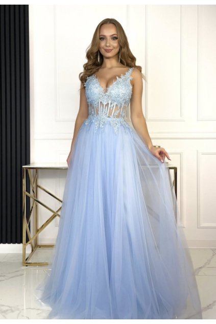 Exkluzívne bledomodré plesové šaty s rozparkom a šnurovaním 9232