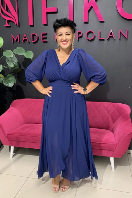 Dlhé tmavomodré spoločenské šaty s 3/4 rukávom 98/4