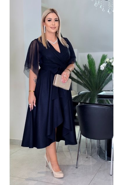 Midi spoločenské šaty s tylovým rukávom Elena lesk 01