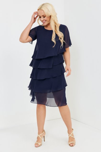 Midi tmavomodré šaty s volámni