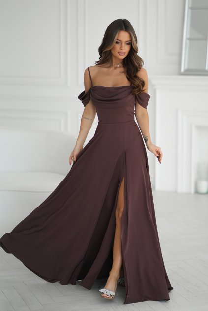 Dlhé tmavohnedé spoločenské šaty s padavými rukávmi 320/5