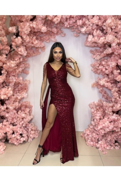 Dlhé bordové spoločenské flitrované šaty s rozparkom PW1/5