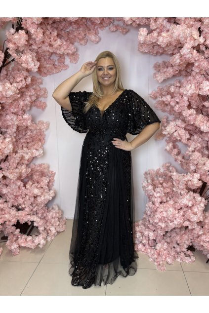 Dlhé čierne flitrované šaty s rukávom PW3/1