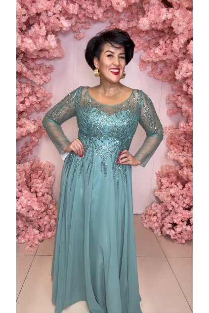 Dlhé svetlozelené spoločenské šaty s rukávom PW2/1