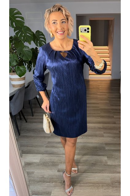 Elegantné tmavomodré spoločenské šaty s rukávom 197M/1