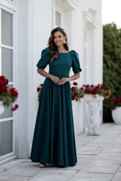 Dlhé tmavozelené spoločenské šaty s puff rukávmi 574/2