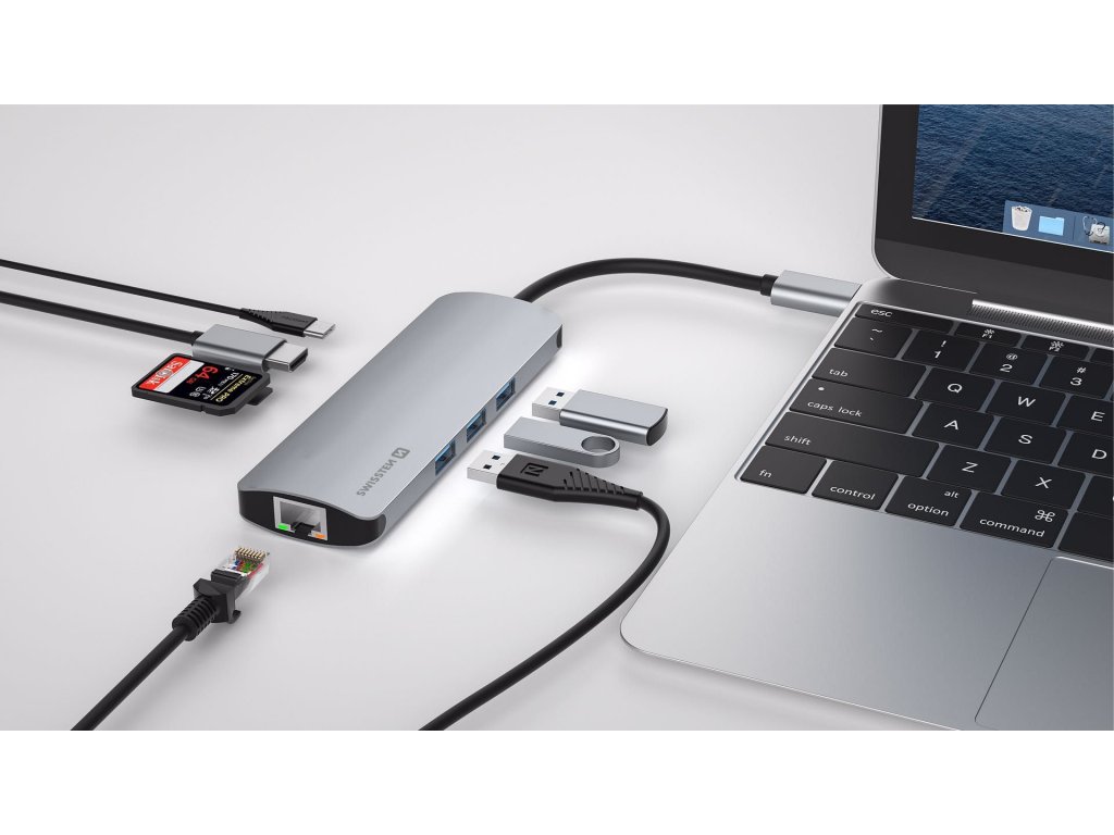 HUB USB-C Adaptateur 6 en 1 avec 3x USB 3.0, Port USB-C Power Delivery,  Carte Micro-SD / SD, Swissten - Gris - Français