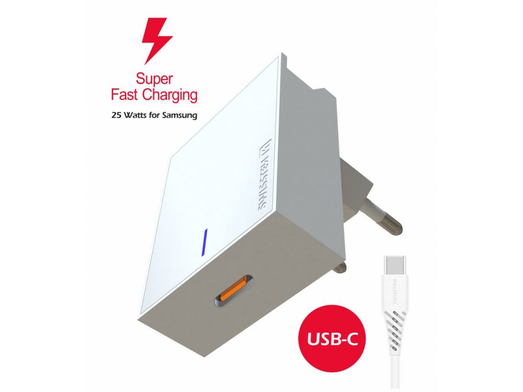 SWISSTEN síťová nabíječka pro Samsung, Super Fast Charging 25 W + datový kabel USB-C / USB-C, 1,2 m bílá
