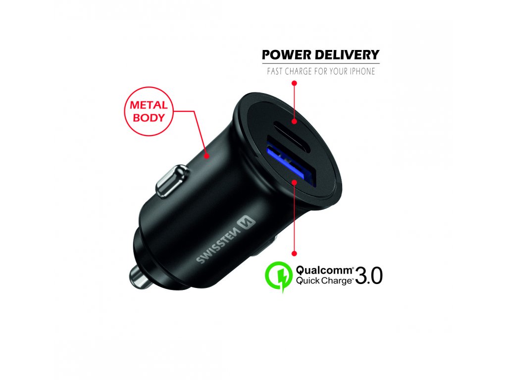 SWISSTEN metal car charger Power Delivery + Quick Charge, USB-C , 36 W |  