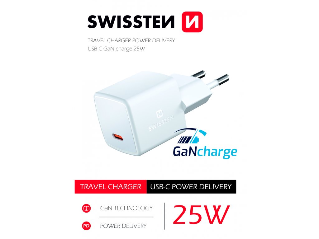 SWISSTEN mini síťový adaptér GaN USB-C 25W power delivery