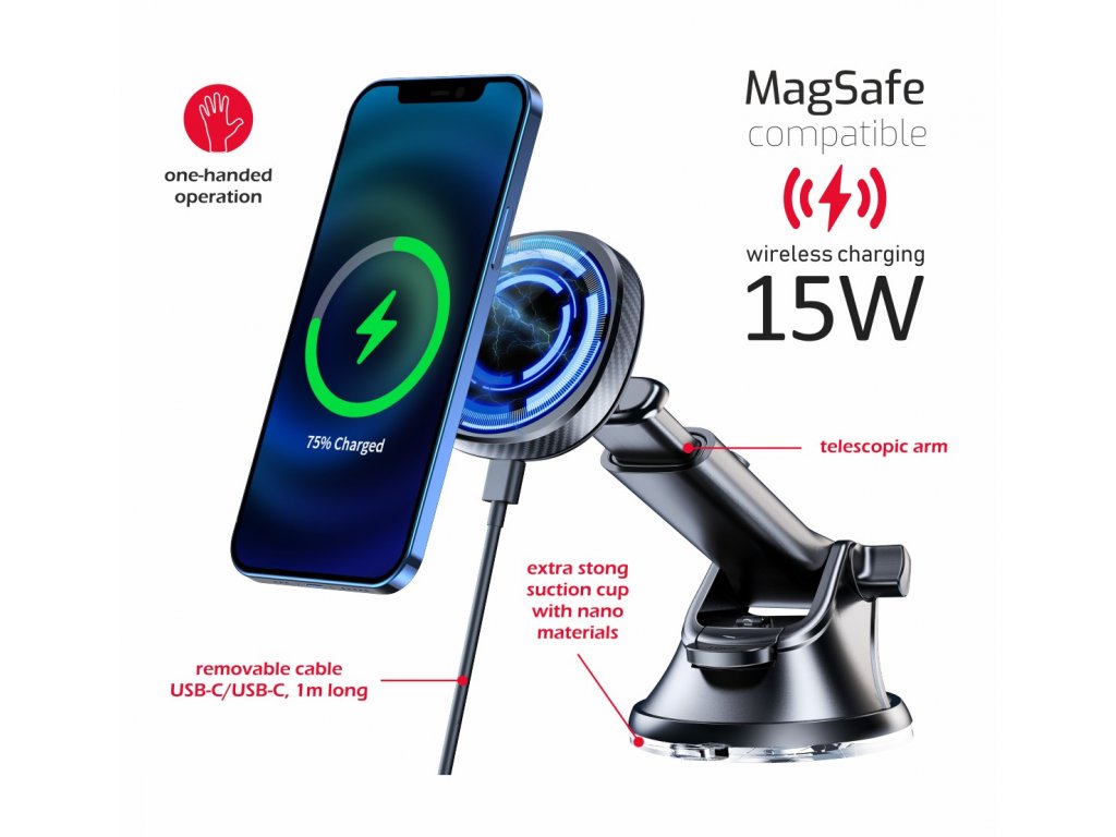 Magnetic Car Mount with 15W MagSafe Wireless Charging for