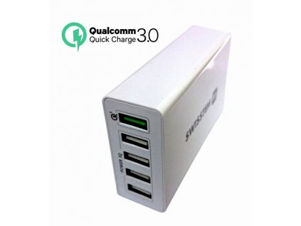 SWISSTEN síťový adaptér Qualcomm 3.0 Quick Charge + Smart IC 5x USB 50 W power bílý + Dárek: Doprava Zásilkovnou ZDARMA