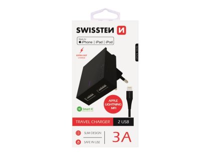 SWISSTEN SLIM cestovní síťová nabíječka 2xUSB, 3A + kabel USB/Lightning s certifikací MFi