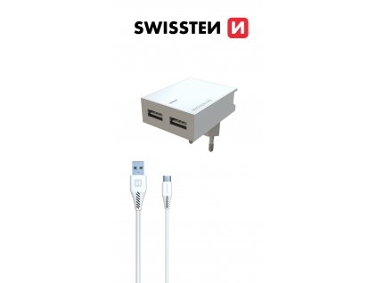 SWISSTEN SLIM cestovní síťová nabíječka 2xUSB, 3A + kabel USB/micro USB