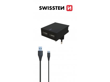 SWISSTEN SLIM cestovní síťová nabíječka, 3A, 2xUSB + kabel USB/USB-C