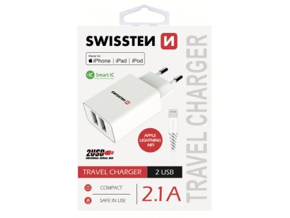 SWISSTEN síťová nabíječka, 2x USB, SMART IC, 2,1A, certifikace MFi