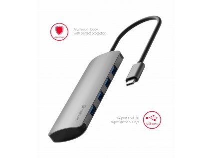 SWISSTEN USB-C hub 4-in-1 (4x USB 3.0) v hliníkovém těle