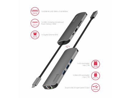 SWISSTEN USB-C hub 8-in-1 (USB-C PD, HDMI 4K, LAN RJ45, 3x USB 3.0, SD, micro SD) aluminium