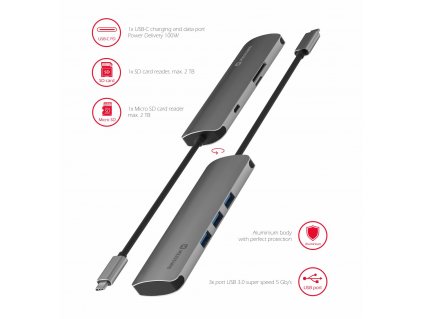 SWISSTEN USB-C hub 6-in-1 (USB-C pd, 3x USB 3.0, SD, micro SD) aluminium + Dárek: Doprava Zásilkovnou ZDARMA
