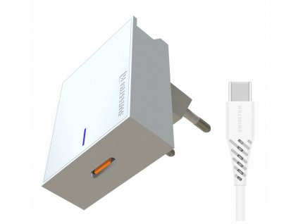 SWISSTEN síťová nabíječka pro Samsung, Super Fast Charging 25 W + datový kabel USB-C / USB-C, 1,2 m bílá