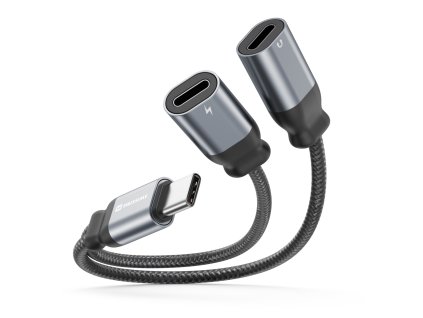 SWISSTEN Nabíjecí audio adaptér textilní USB-C (samec) / 2x USB-C (samice), délka 0,12 m