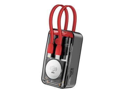 PROMATE Mavrix průhledná powerbanka s kabely USB-C a Lightning, pro Apple Watch, 10 000 mAh, PD, 35 W (Barva Černá)