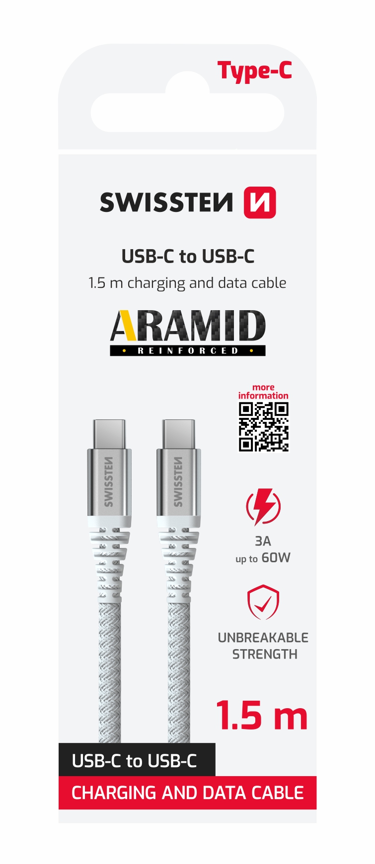 DATOVÝ KABEL SWISSTEN ARAMID REINFORCED USB-C / USB-C 1,5 M Barva: Černá