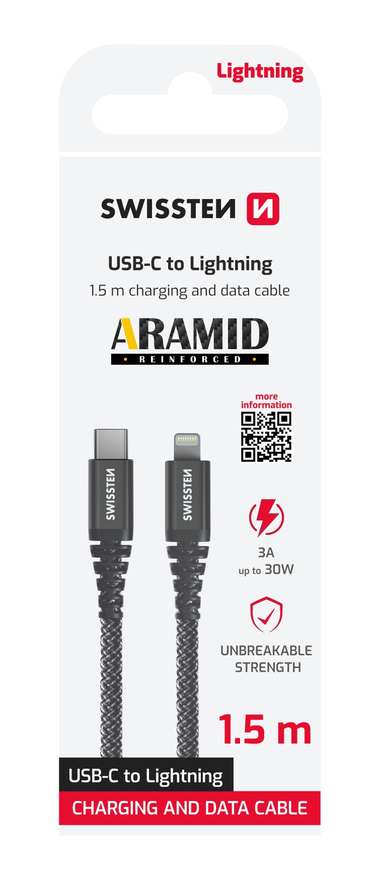 DATOVÝ KABEL SWISSTEN ARAMID REINFORCED USB-C / LIGHTNING 1,5 M ANTRACIT
