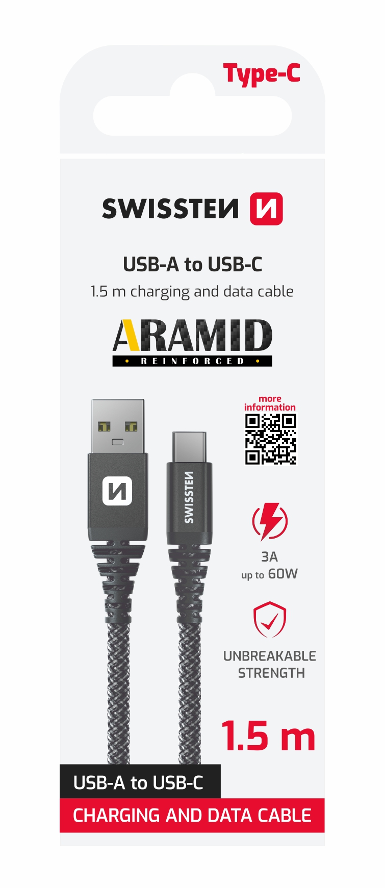DATOVÝ KABEL SWISSTEN ARAMID REINFORCED USB / USB-C 1,5 M Barva: Černá