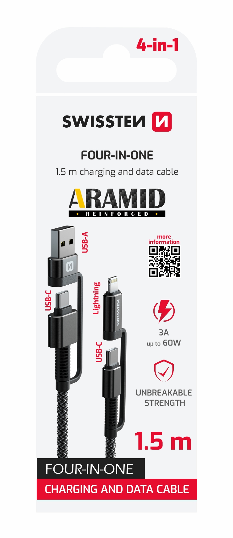 SWISSTEN datový kabel KEVLAR 4v1, 60 W, 1,5 m, antracit