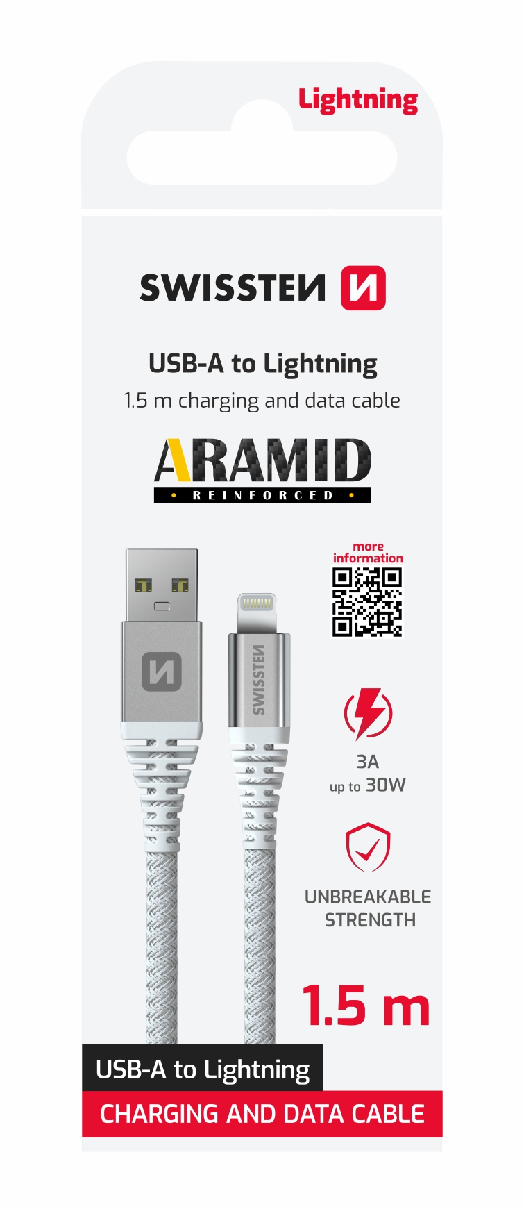 DATOVÝ KABEL SWISSTEN ARAMID REINFORCED USB / LIGHTNING 1,5 M BÍLÝ