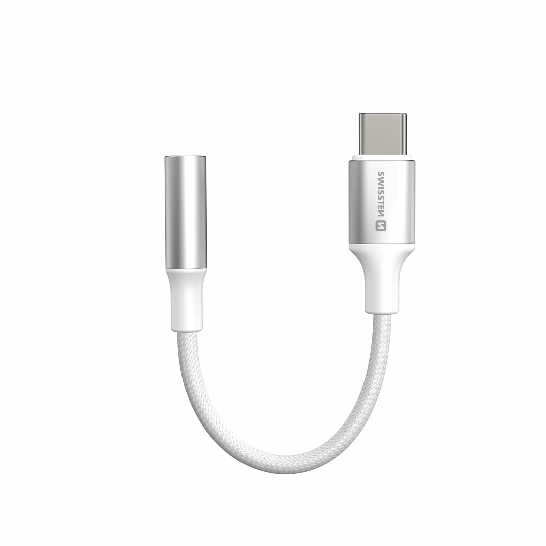 SWISSTEN Audio adaptér USB-C (samec)/3,5 mm jack, 0,15 m, textilní Barva: Bílá