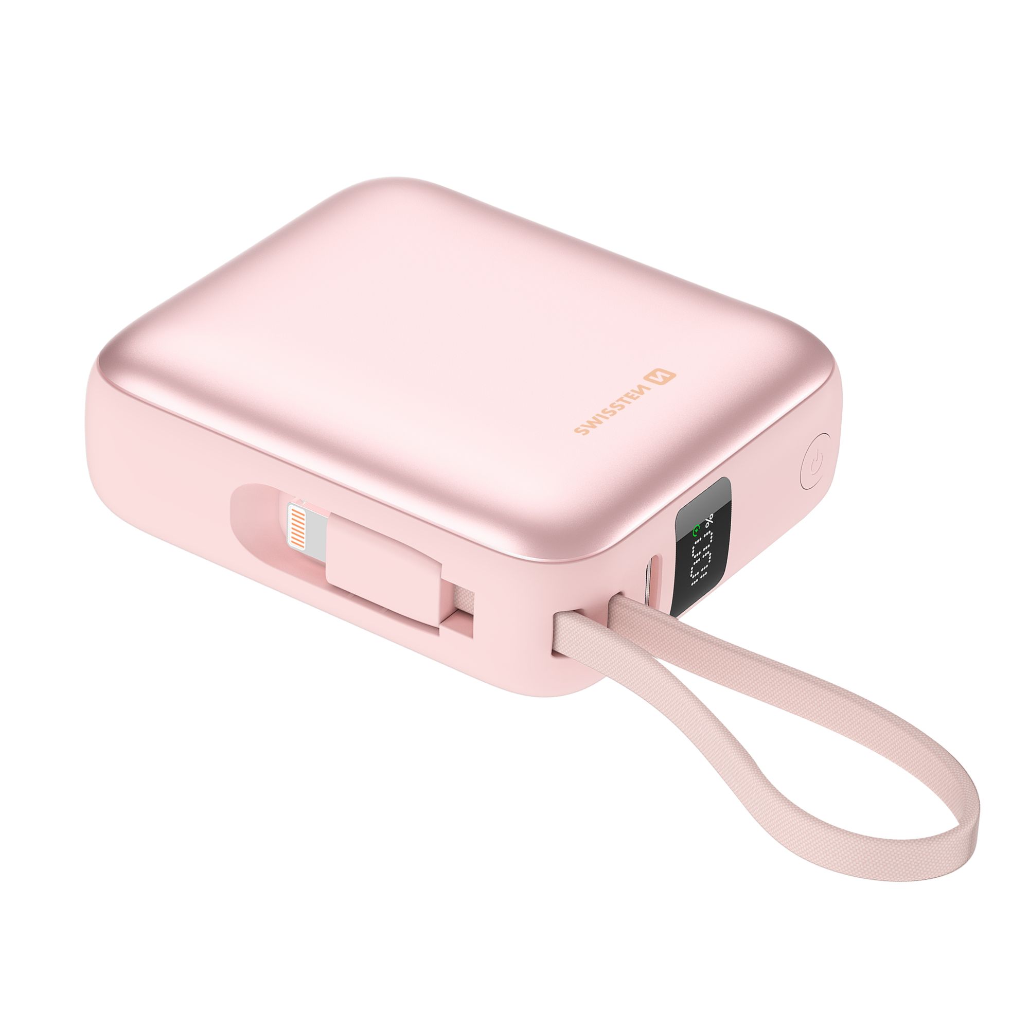 SWISSTEN POWER BANK SPACE 10000 mAh S INTEGROVANÝMI KABELY USB-C A LIGHTNING RŮŽOVÁ