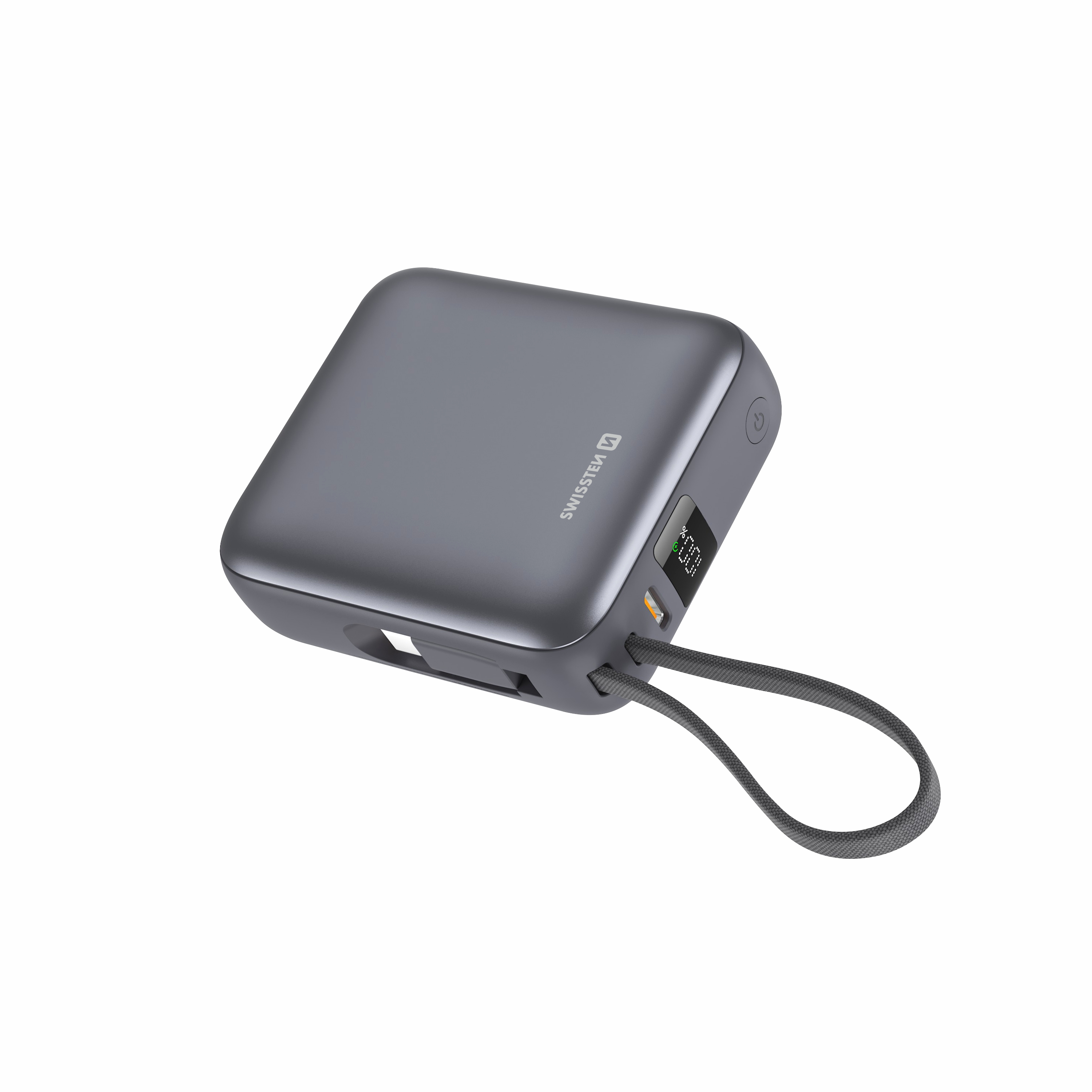 SWISSTEN POWER BANK SPACE 10000 mAh, 35W S INTEGROVANÝM KABELEM USB-C STŘÍBRNÁ