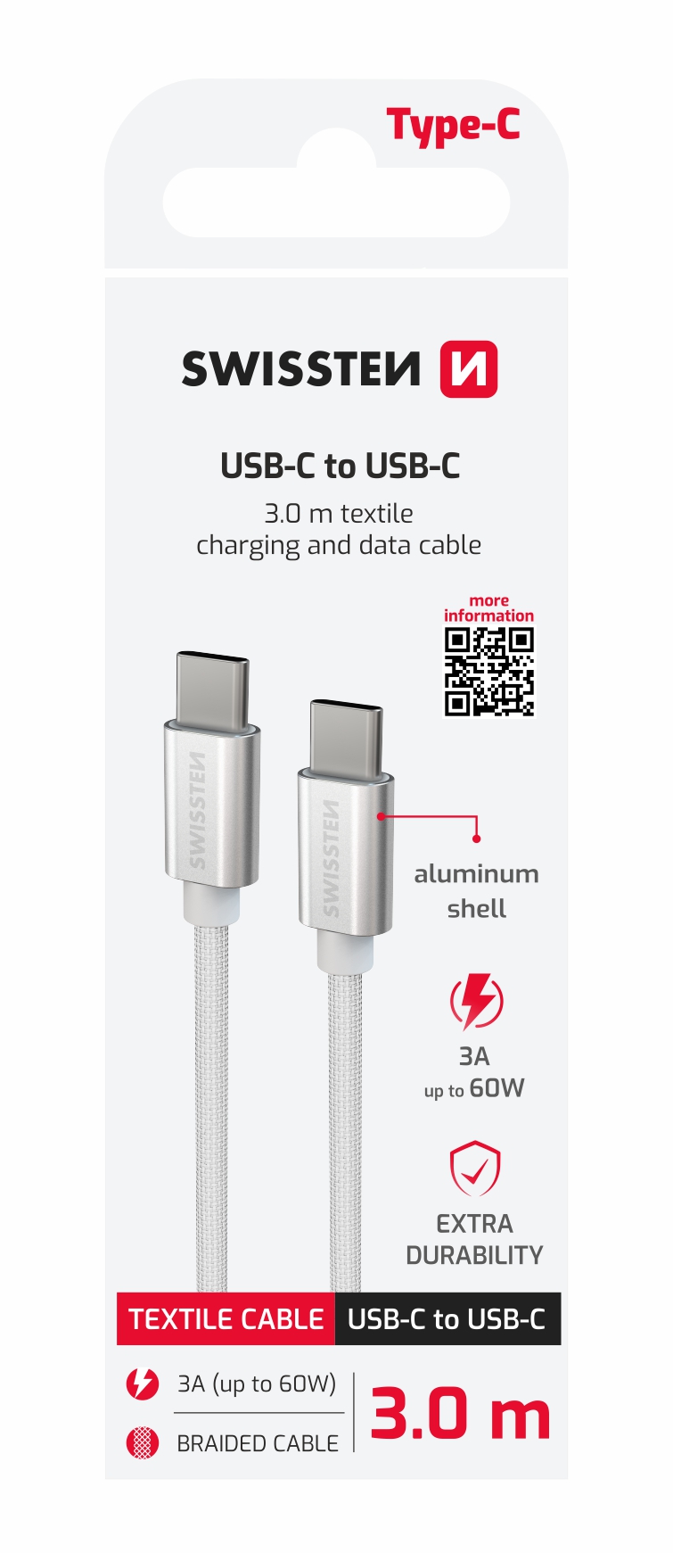 DATOVÝ KABEL SWISSTEN TEXTILE USB-C / USB-C 3.0 M STŘÍBRNÝ