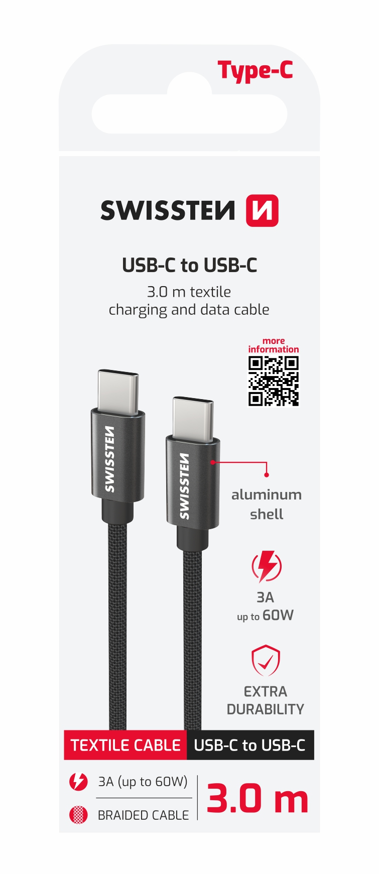 DATOVÝ KABEL SWISSTEN TEXTILE USB-C / USB-C 3.0 M ČERNÝ