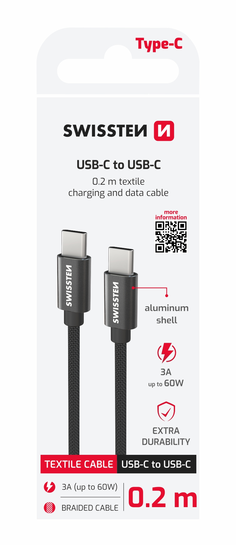 DATOVÝ KABEL SWISSTEN TEXTILE USB-C / USB-C 0.2 M ČERNÝ