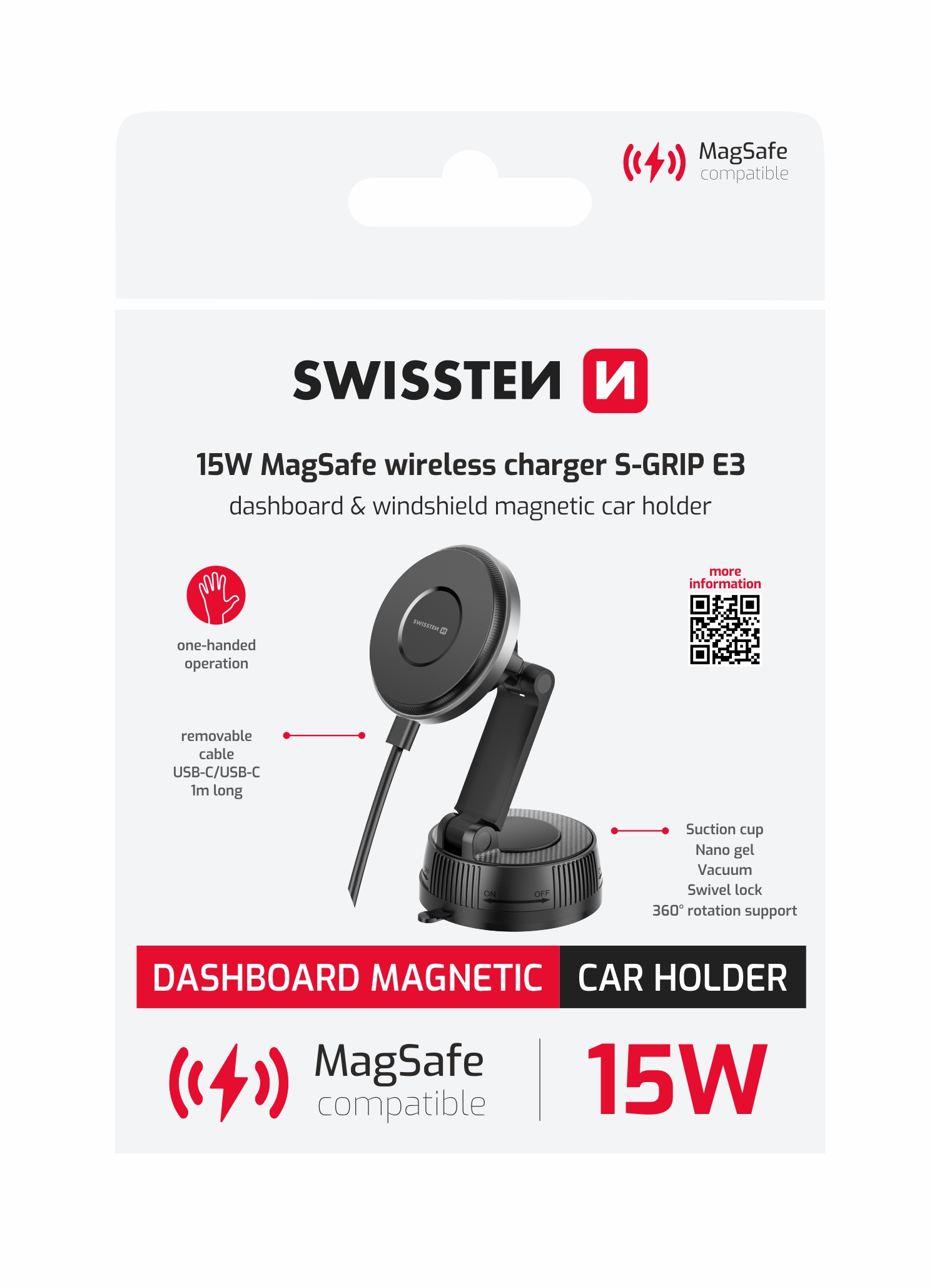 Magnetický držák do auta SWISSTEN S-GRIP E3, MagSafe kompatibilní, Bezdrátové nabíjení až 15W