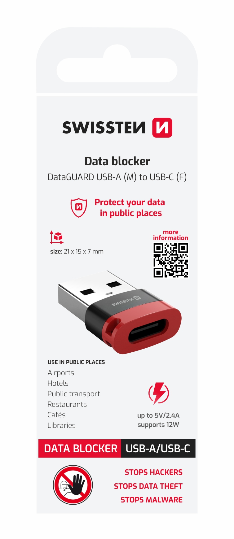 NABÍJECÍ ADAPTÉR S BLOKACÍ DAT SWISSTEN DataGUARD USB-A (samec) / USB-C (samice) ČERNÝ