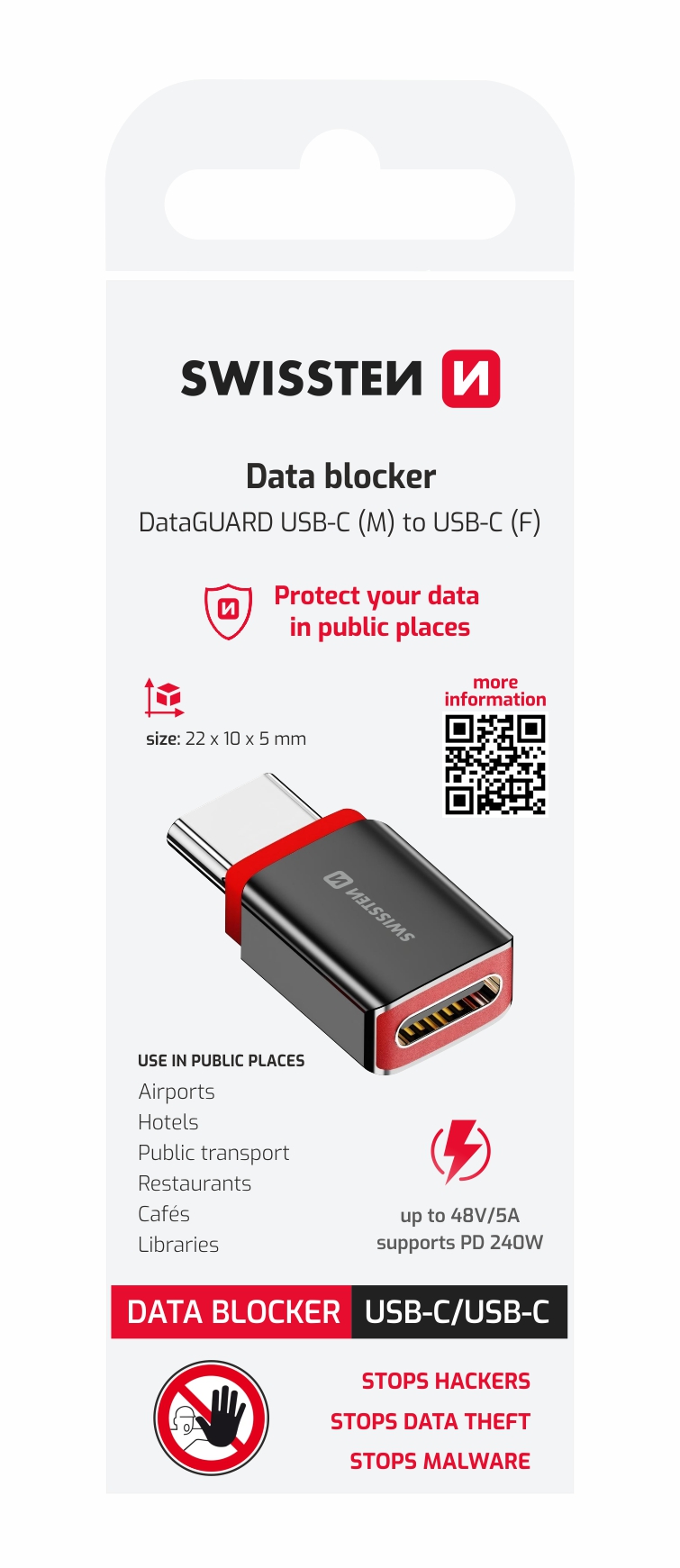NABÍJECÍ ADAPTÉR S BLOKACÍ DAT SWISSTEN DataGUARD USB-C (samec) / USB-C (samice) ČERNÝ