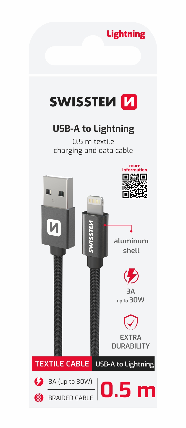 DATOVÝ KABEL SWISSTEN TEXTILE USB / LIGHTNING 0,5 M ČERNÝ