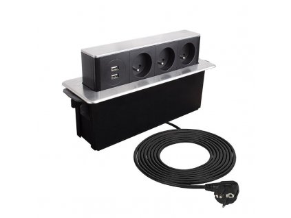 Design Light HOPBOX vysuvna zasuvka 3 x 230V a 2 x USB nerez brousena a kabel 2 m 1