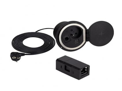 Design Light SAMBO BOX zápustná zásuvka 1 x 230V, 2 x USB + 1 x RJ45 černá + kabel 1,8m