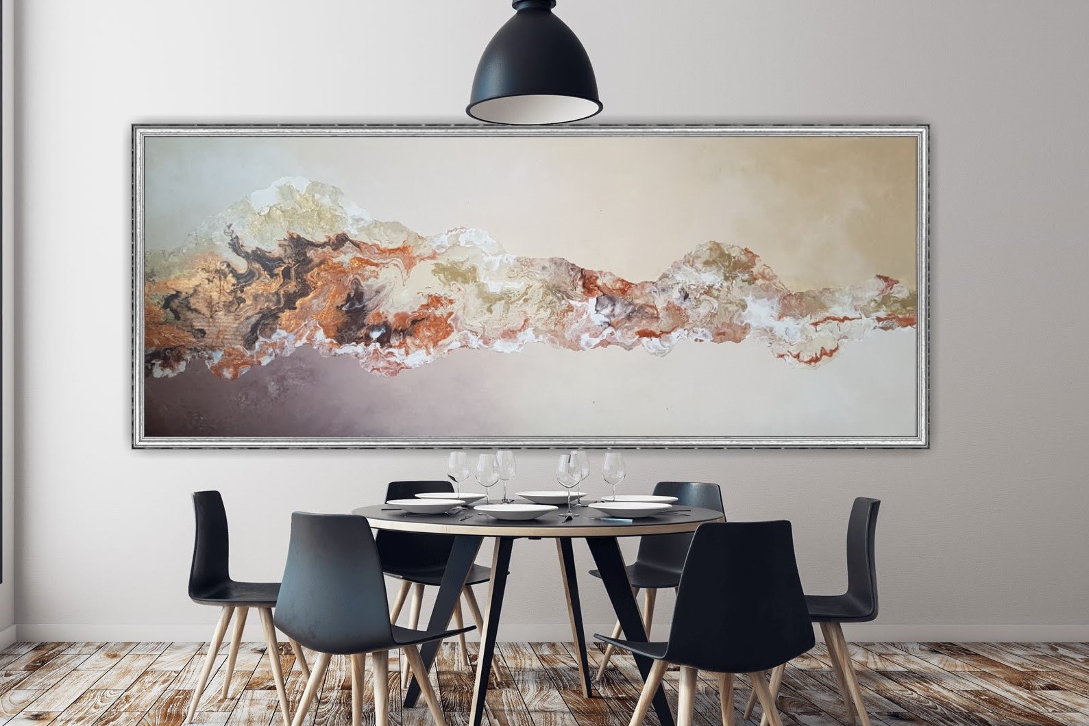 Ručně malovaný abstraktní obraz na plátně s názvem "Měděná vlna". Rozměry 50 × 120 cm.