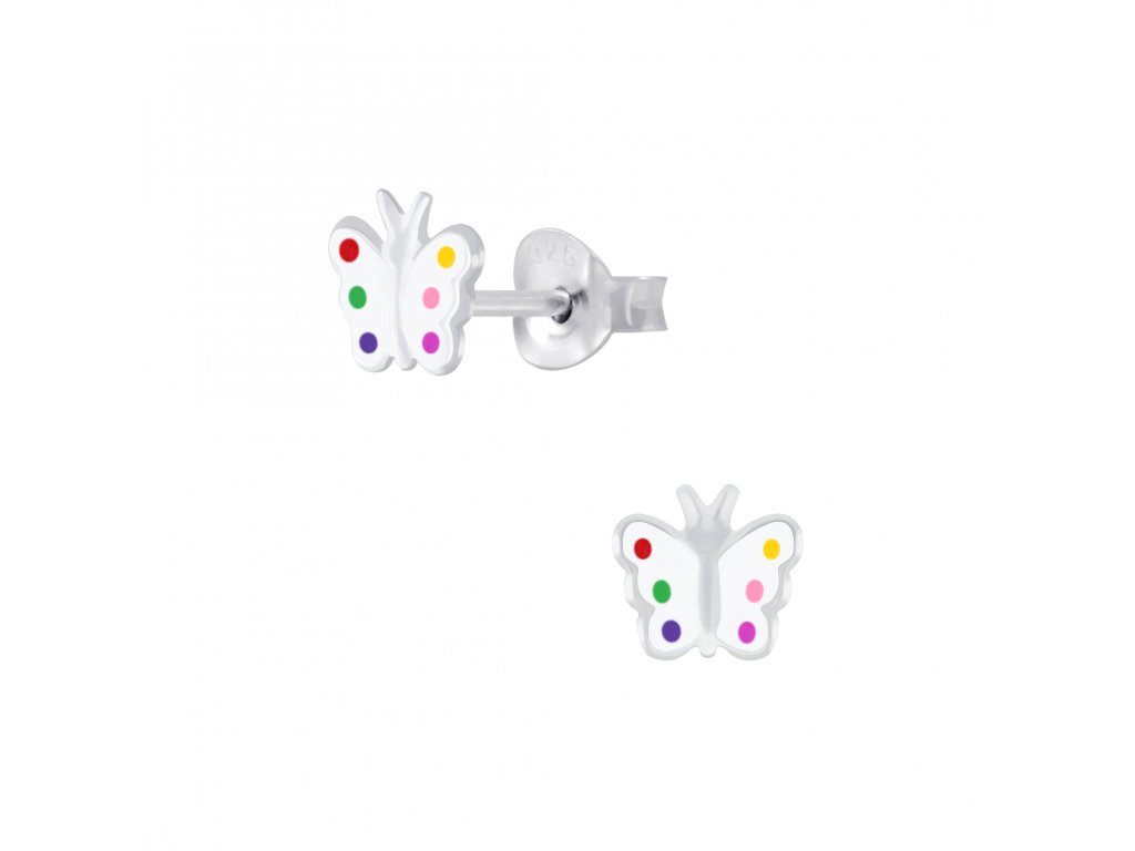 Dětské stříbrné náušnice motýlek s barevnými tečkami  Ag 925/1000