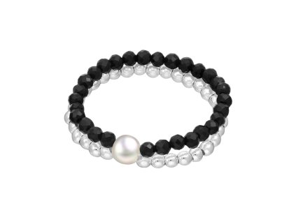 Dvojitý stříbrný korálkový prsten černý Achát s perlou
