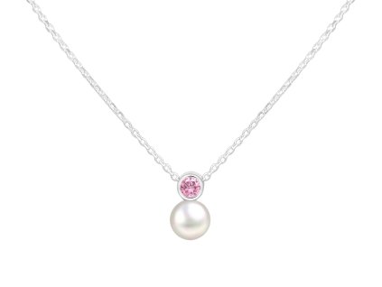 Stříbrný náhrdelník Birthstone s perličkou Říjen - Rubelit