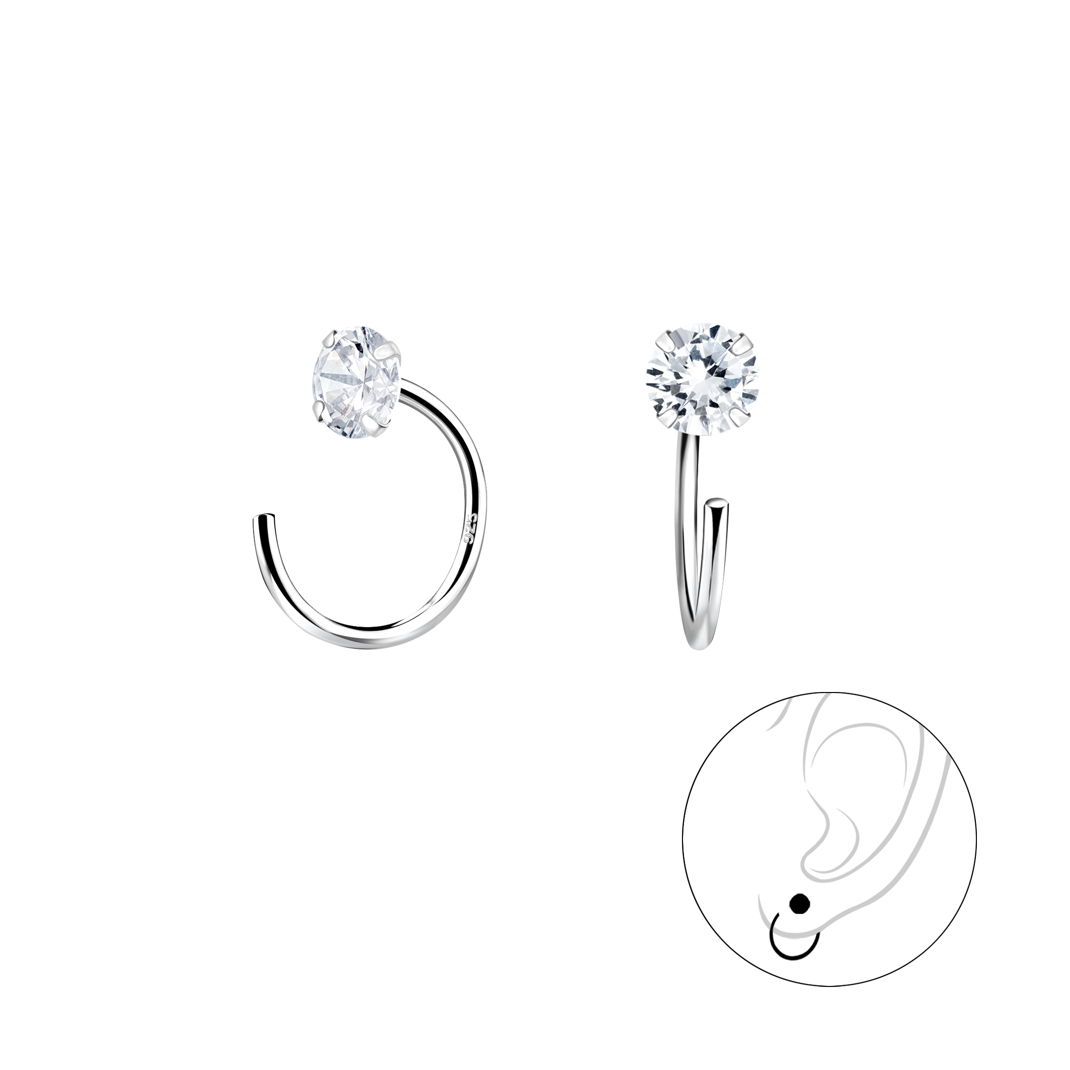 Levně SYLVIENE Stříbrné náušnice Ear Huggers se Zirkonem 4 mm Ag 925/1000